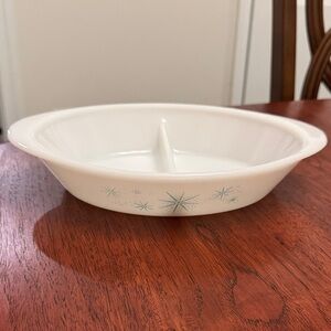 Vintage MCM Milk Glass Divided Serving Dish with Blue Stars